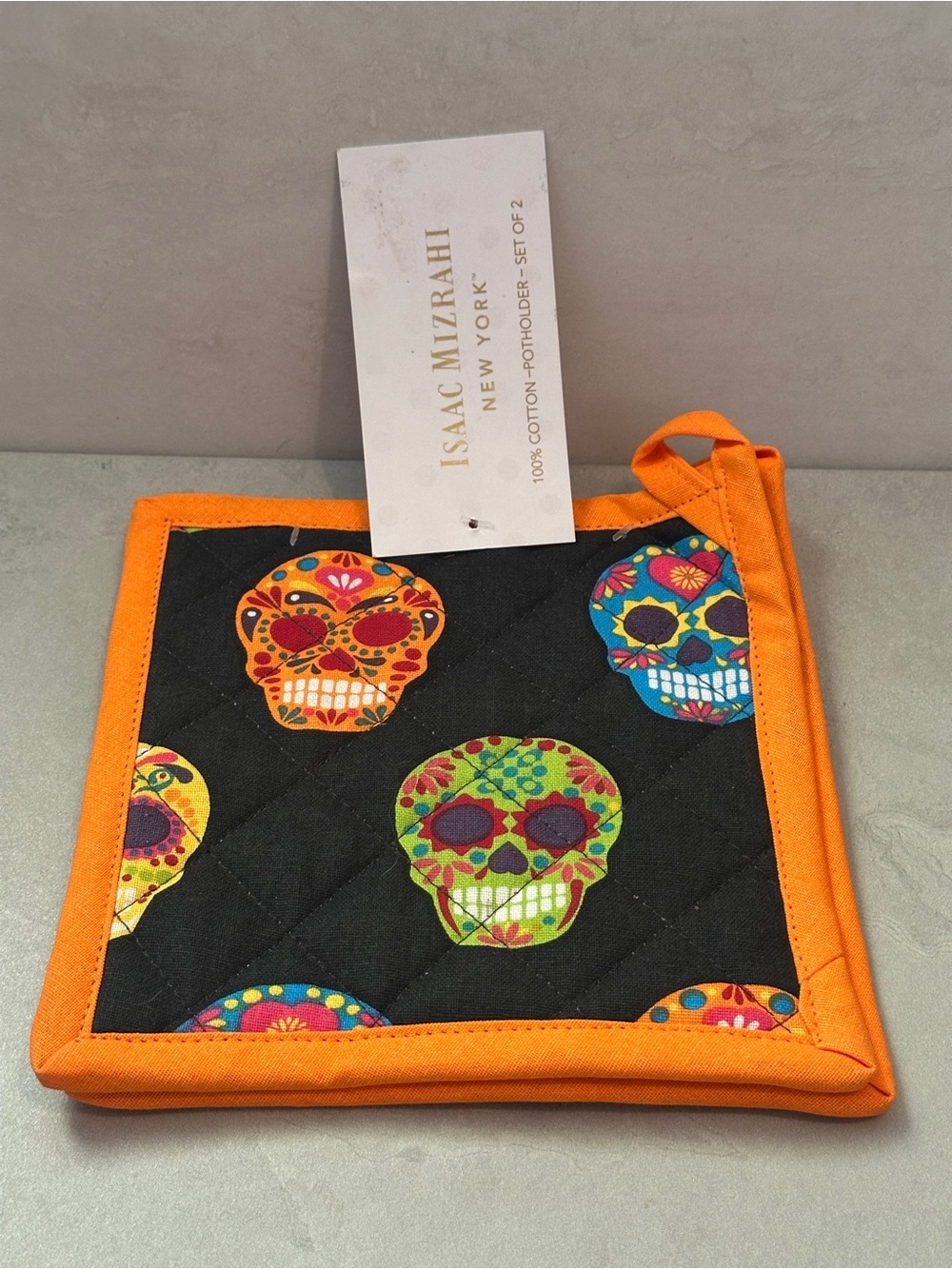ISAAC MIZRAHI New York POT HOLDERS SUGAR SKULL BLACK ORANGE GREEN BLUE NWT